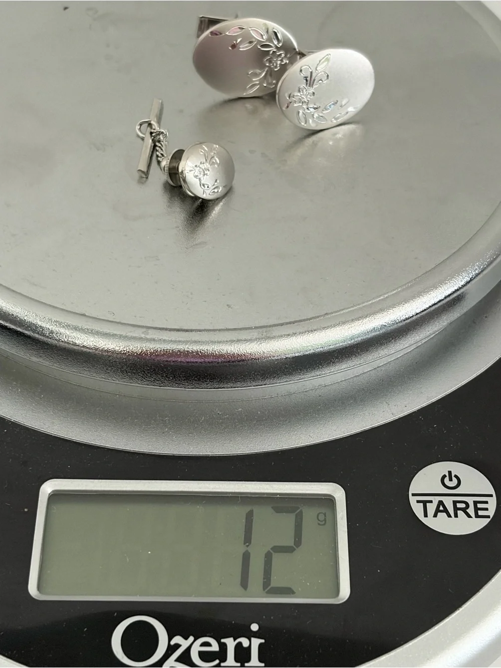 Silver Floral Engraved Oval Cufflinks and Stud Set